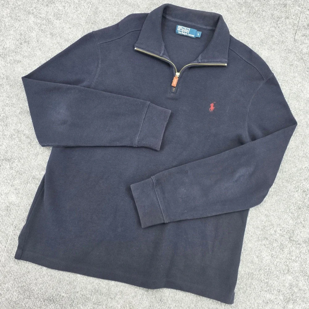Polo Ralph Lauren Mens Navy Blue Quarter Zip Pullover Cotton Ribbed Sweater L